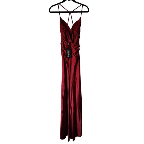 La Femme 28206 Long Crisscross Strapped High Slit Sheath Gown in Burgundy - Picture 4 of 8